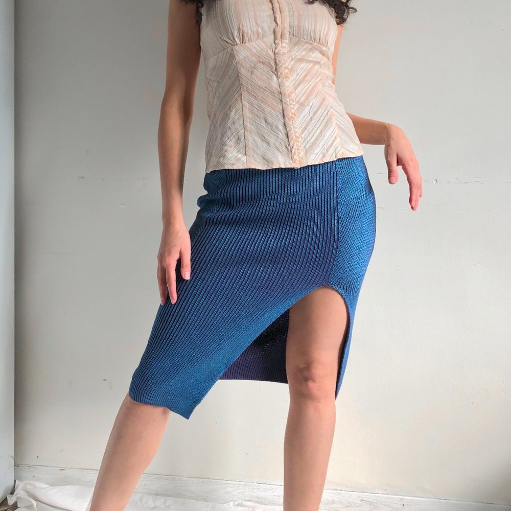 metallic blue midi knit skirt